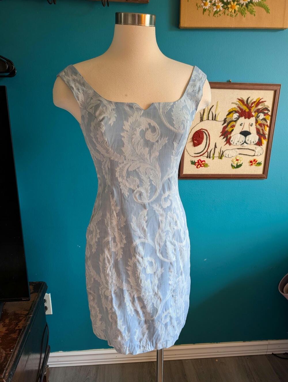 Vintage brocade rayon mini dress in pastel blue size small